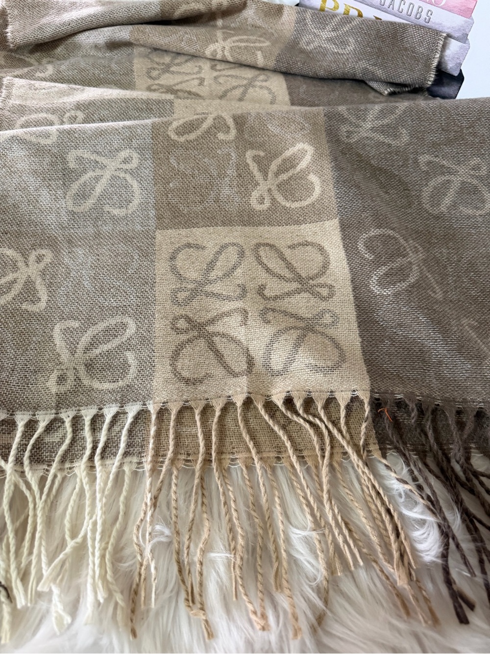 Loewe Beige Two-Tone Logo Cashmere Throw/Shawl Scarf. - Picture 11 of 16